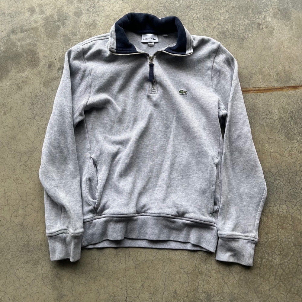 Lacoste Mens Quarter Zip Pullover Sweatshirt Heather Grey Navy Size M FR 4